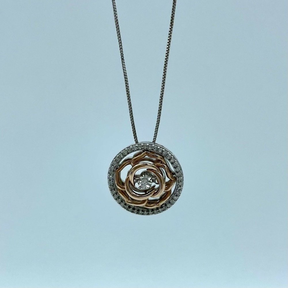 Enchanted Disney Fine Jewelry BELLE Rose Necklace Sterling Silver Diamond 1/5ct - Picture 5 of 8